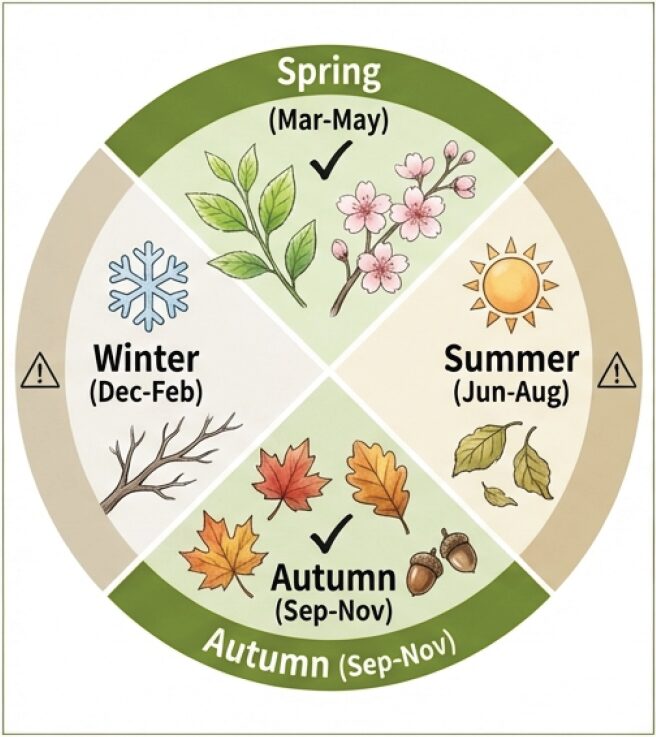 苔を盆栽に貼るのにちょうどよい季節を示したイメージ図