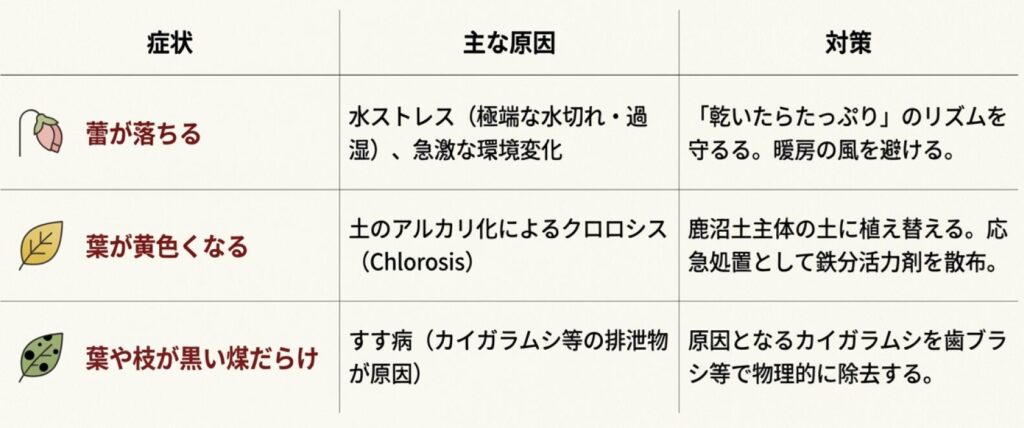 蕾が落ちる・葉が黄色い・煤だらけ等の原因と対策