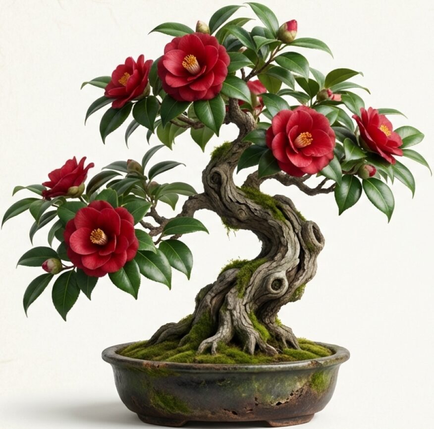 満開の赤い花を咲かせた美しい椿盆栽のイメージ