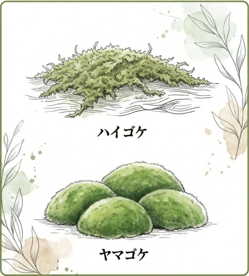 地面を這うハイゴケと、ふんわり丸くなるヤマゴケのイラスト。初心者でも扱いやすく丈夫な種類の紹介