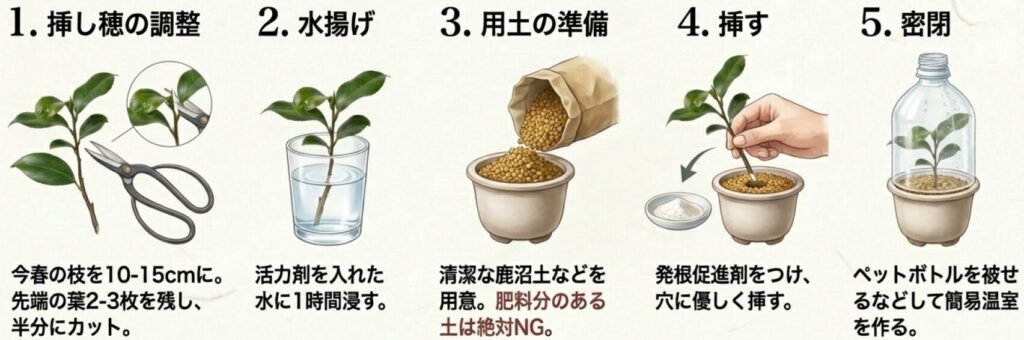 失敗しない椿の挿し木手順5ステップとペットボトルを使った密閉挿しのやり方