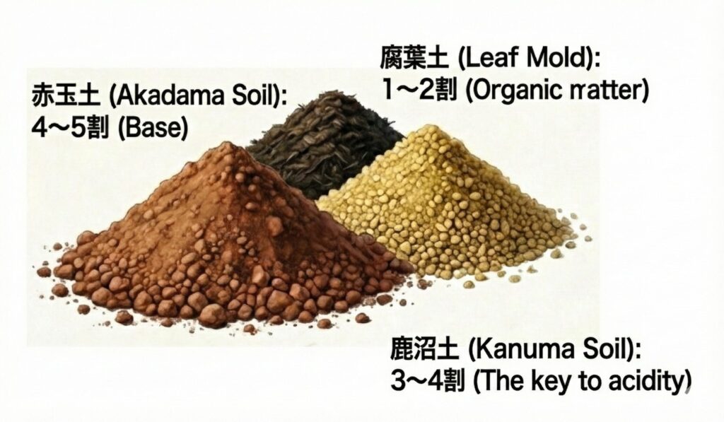 椿盆栽が好む酸性用土の黄金比率（赤玉土・鹿沼土・腐葉土）とpHバランス