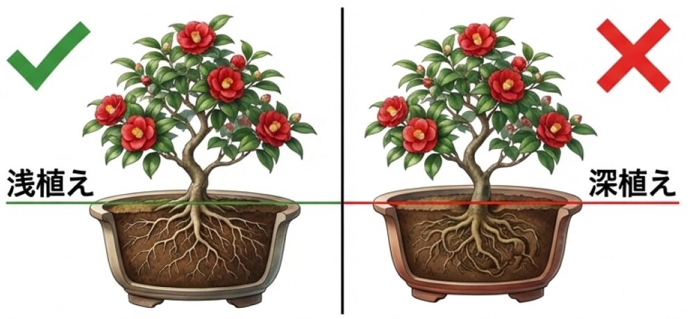 根腐れを防ぐ椿盆栽の植え替え：正しい浅植えとNGな深植えの違い