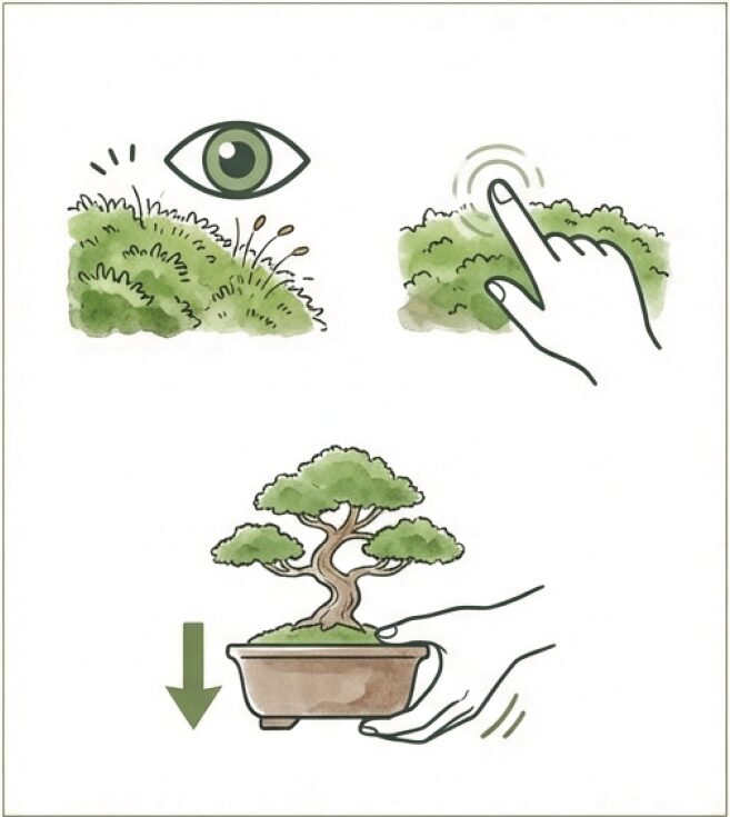 苔の表面を指で触って湿り気を確認し、鉢の重さで乾燥具合を判断する方法の解説