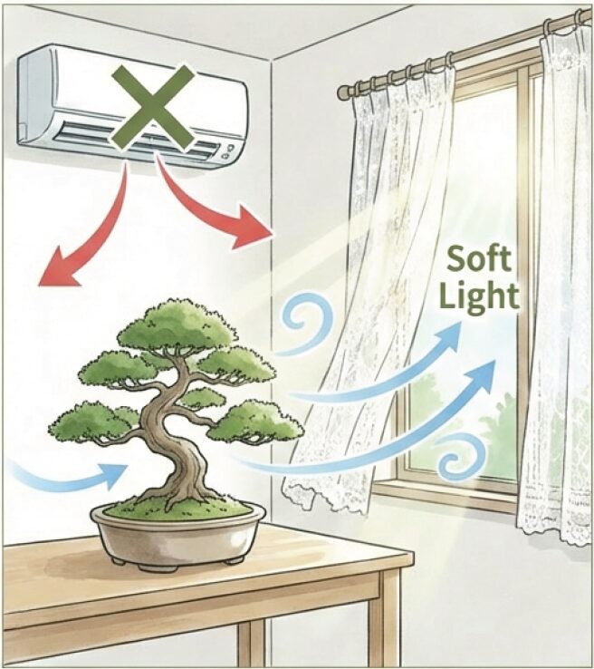 エアコンの風を避け、レース越しの光が当たる場所に盆栽を置いているイラスト