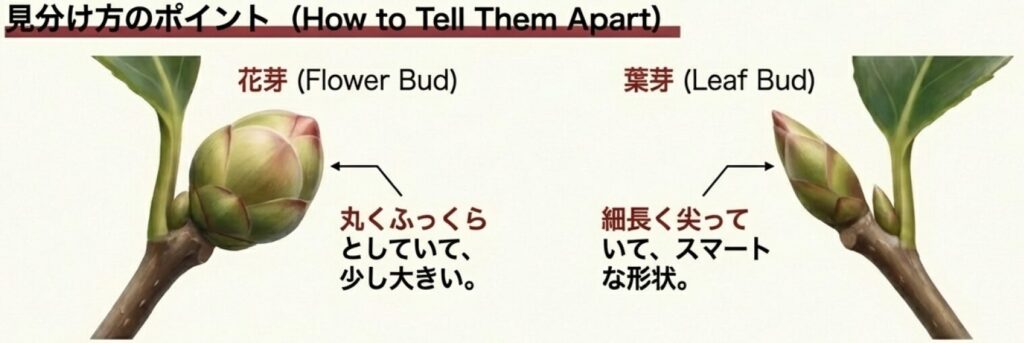剪定で失敗しないための花芽（丸い）と葉芽（尖った）の見分け方イラスト