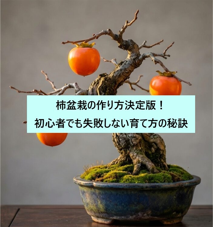 実をつけた柿の盆栽と「柿盆栽、その実りある旅へようこそ」というタイトルのガイド表紙