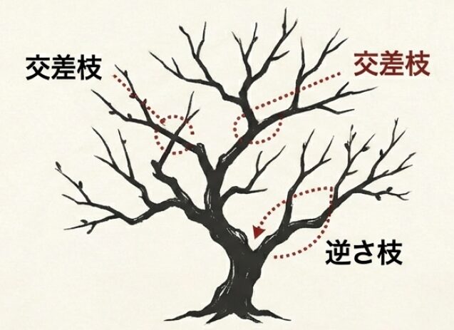 葉が落ちた冬の梅の木で、交差している枝や逆さまに伸びる枝を整理するポイントを示した写真
