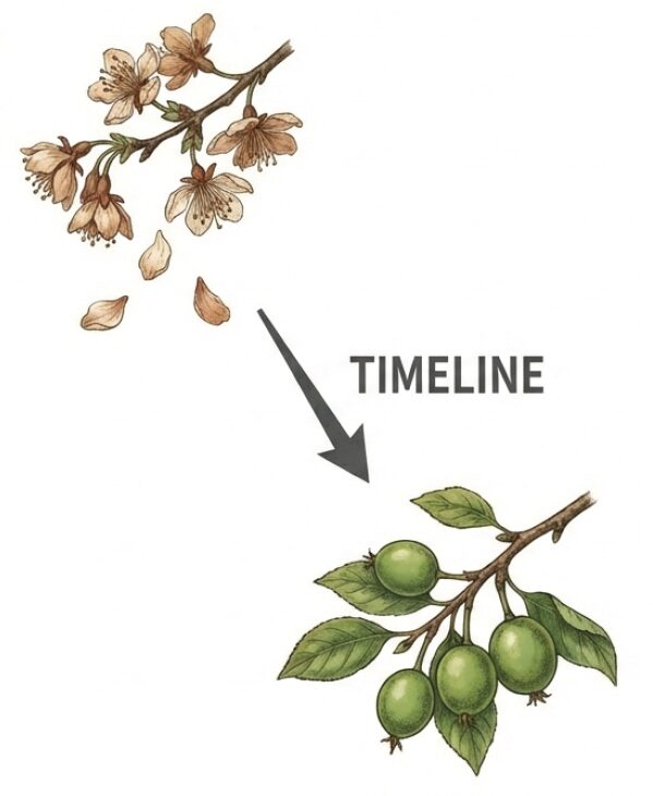 花が終わった直後の「お礼肥」の重要性と、実物盆栽で花が咲いている間は肥料をストップして生理落果を防ぐコツをまとめた図解