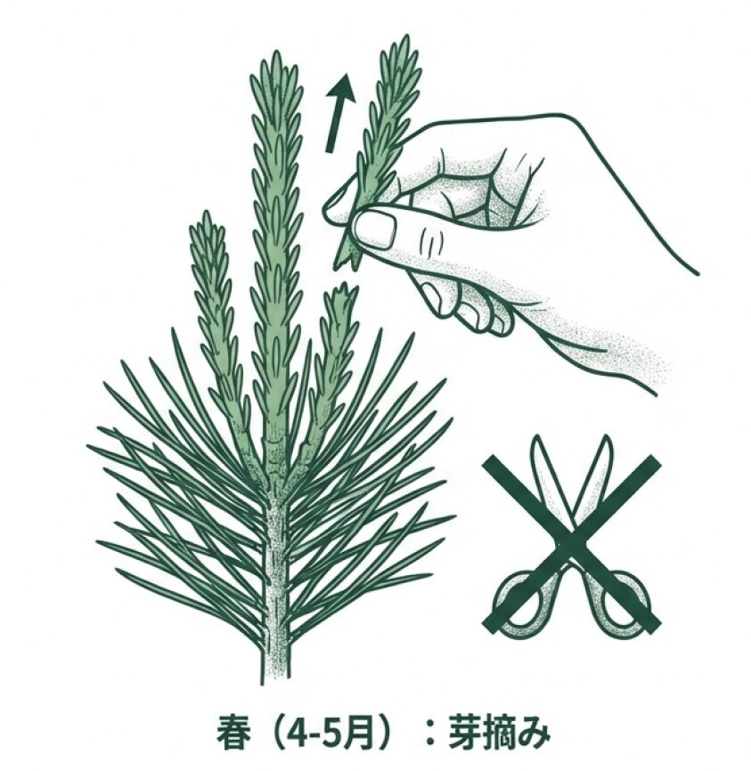 ロウソク芽をハサミを使わず指で折り取る芽摘みのイラスト