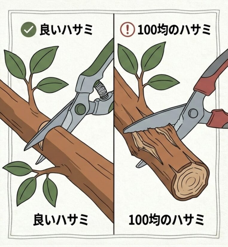 良いハサミ(切り口が綺麗)と100均のハサミ(切り口が潰れている)の比較イラスト。刃物だけは投資すべき理由を解説。