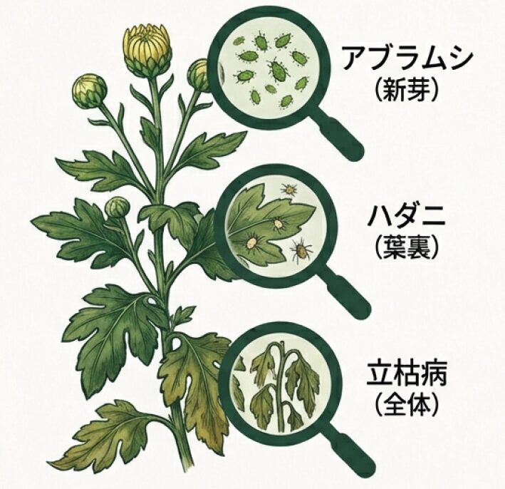 アブラムシ(新芽)、ハダニ(葉裏)、立枯病(全体)の症状を虫眼鏡で拡大して見せる解説図。