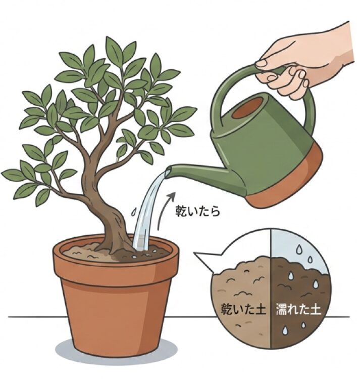 ジョウロで盆栽に水を与えているイラスト。土が乾いたサインを見てから、鉢底から流れるまでたっぷり与える様子。