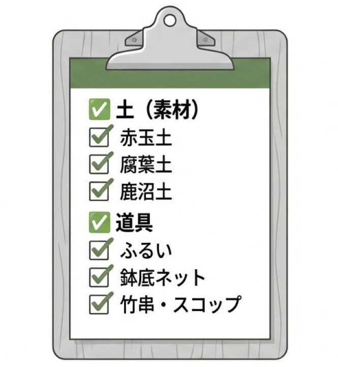 土の素材(赤玉土・腐葉土・鹿沼土)と必要な道具(ふるい・ネット・竹串等)がまとめられたチェックリスト形式のイラスト。