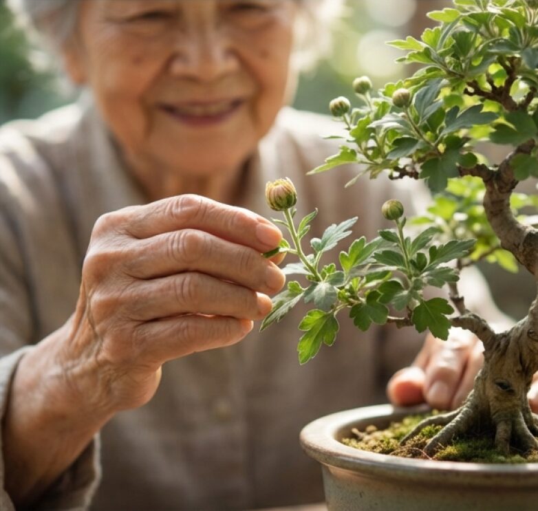 笑顔で菊盆栽を手入れする年配女性の写真