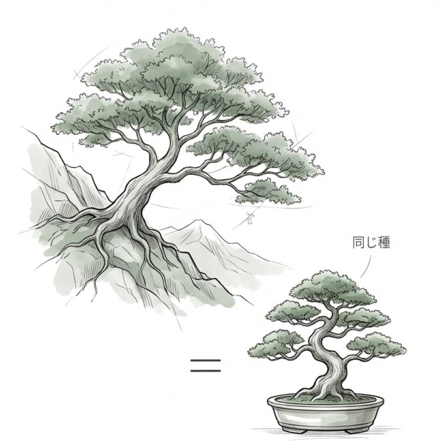 自然の木と盆栽が同じDNAを持ち、環境（表現型可塑性）によってサイズが調整される仕組みを説明するイラスト。