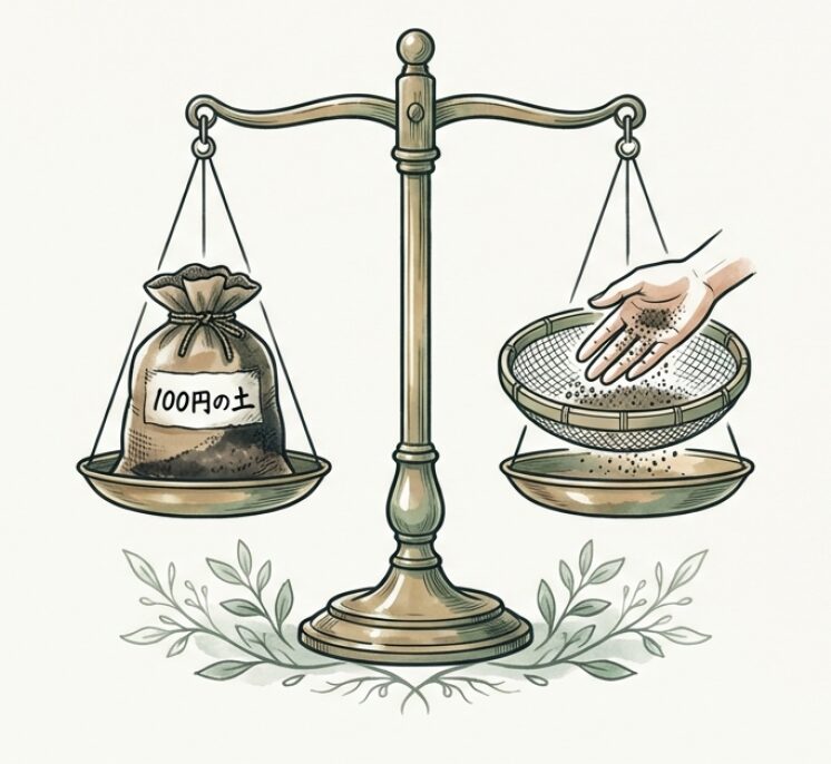 高級盆栽土(お金がかかるがすぐ使える)と100均の土(安価だが微塵抜きなどの手間が必要)の比較イラスト。