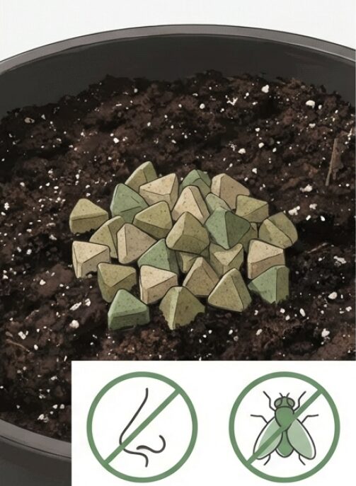 盆栽の土の上に置かれた三角形状のバイオゴールド。効果が1〜2ヶ月続く、臭いや虫が出にくい、土をフカフカにするなどの特徴を紹介