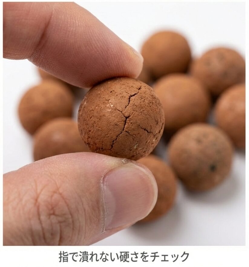 赤玉土の粒を指でつまんで硬さをチェックしている写真。粒が硬いものを選ぶのがコツであると説明。