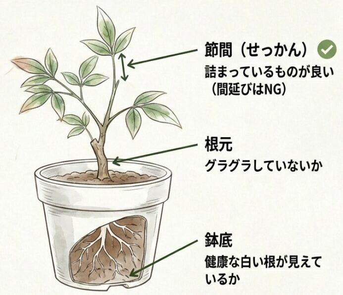 節間が詰まっているか、根元がグラグラしないかなど、良い苗の見分け方