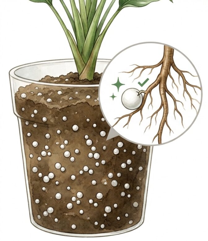 土に混ざった白い粒状のマグァンプKが、根から出る酸に触れた時だけ溶けて肥料焼けを防ぐ仕組みを説明する図解