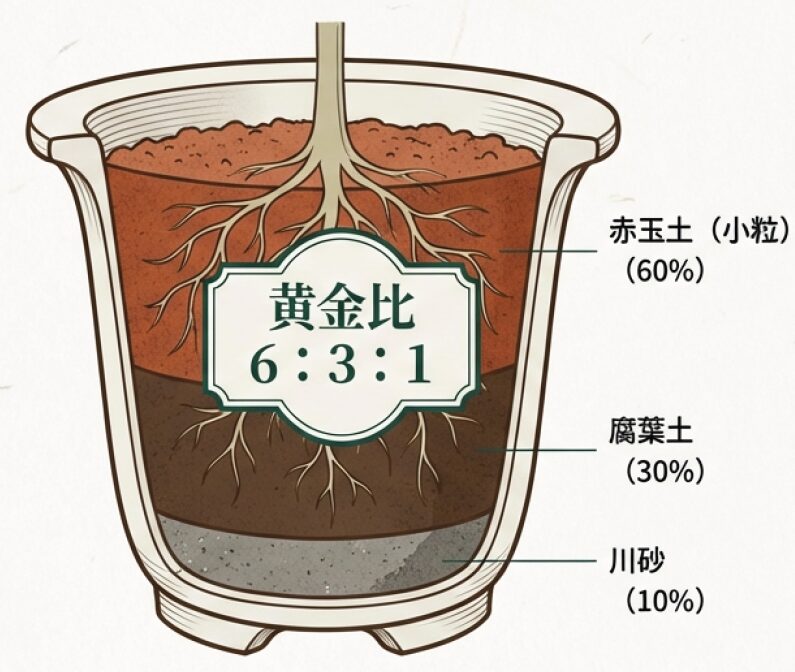 鉢の中の土の層の図。赤玉土60%、腐葉土30%、川砂10%の黄金比を解説。