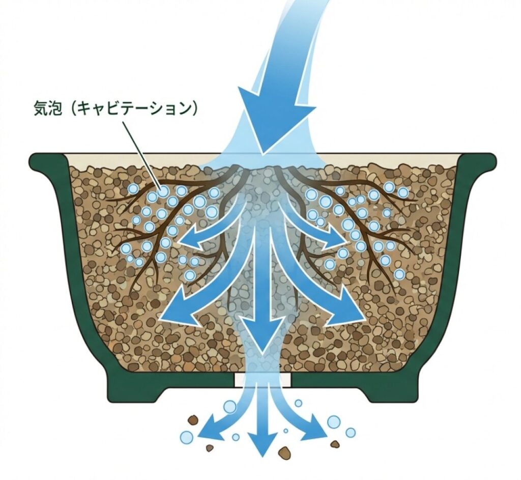 乾燥により導管に気泡(キャビテーション)が入り、水が吸えなくなる仕組みとたっぷりの水やりの重要性を示すイラスト