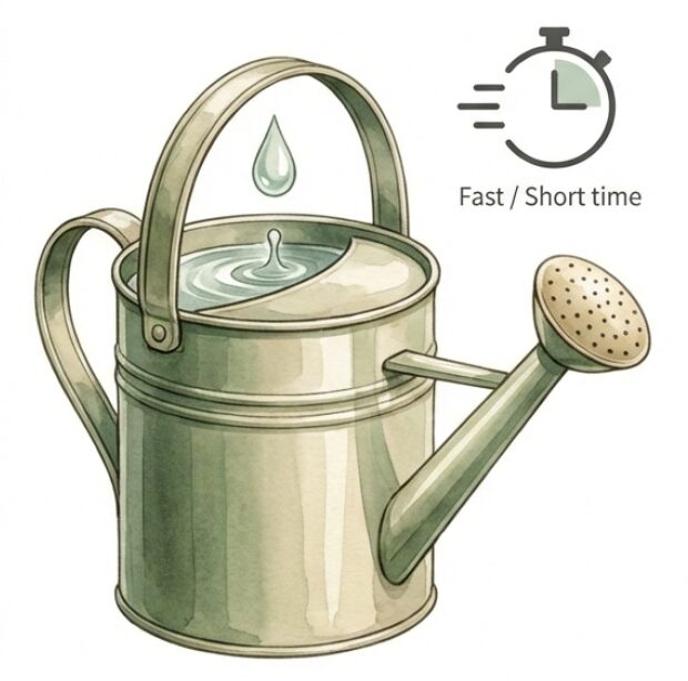 じょうろと時計のアイコンで速効性を表現。春の新芽時期や花が咲く前のスタミナ補給として使用するコツを紹介