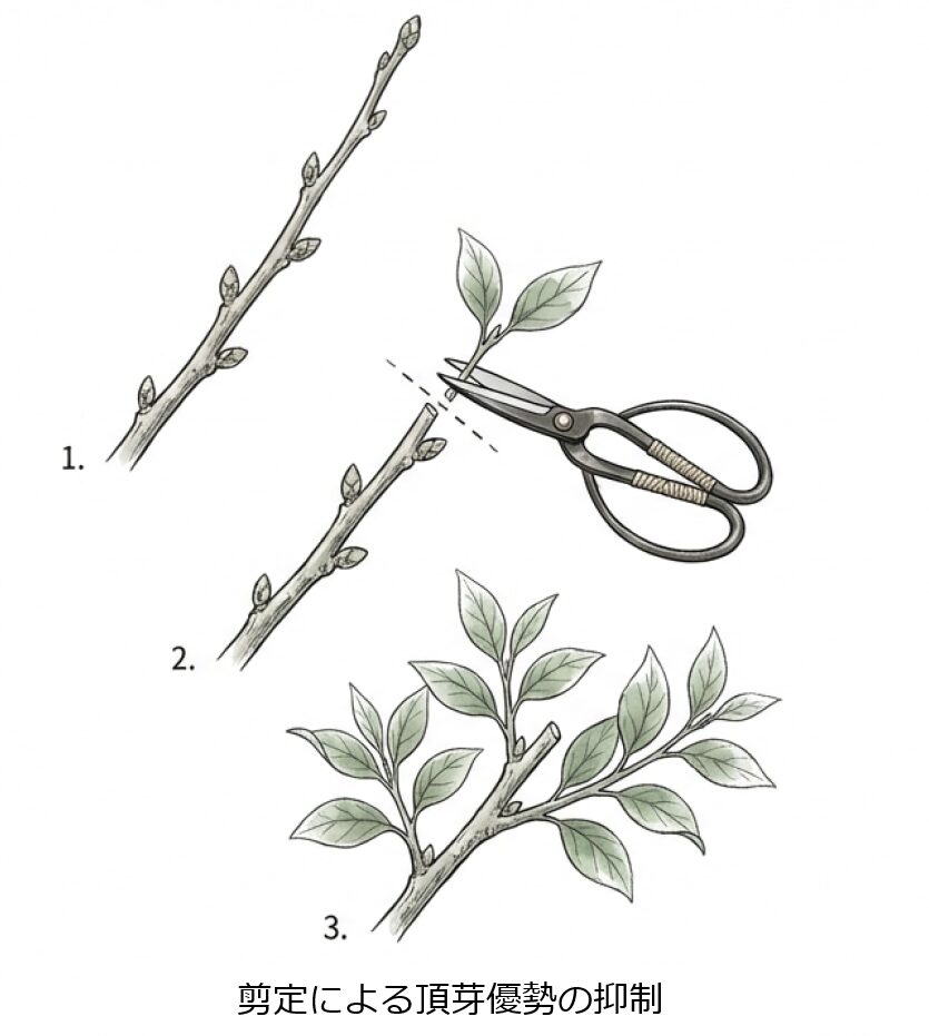 枝先（頂芽）をカットすることで植物ホルモンが働き、脇芽が伸びて密度の高い樹形になる手順のイラスト。