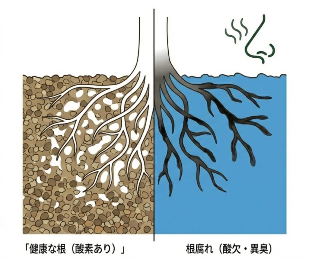健康な根と、水のやりすぎで酸欠・腐敗した根の比較イラスト