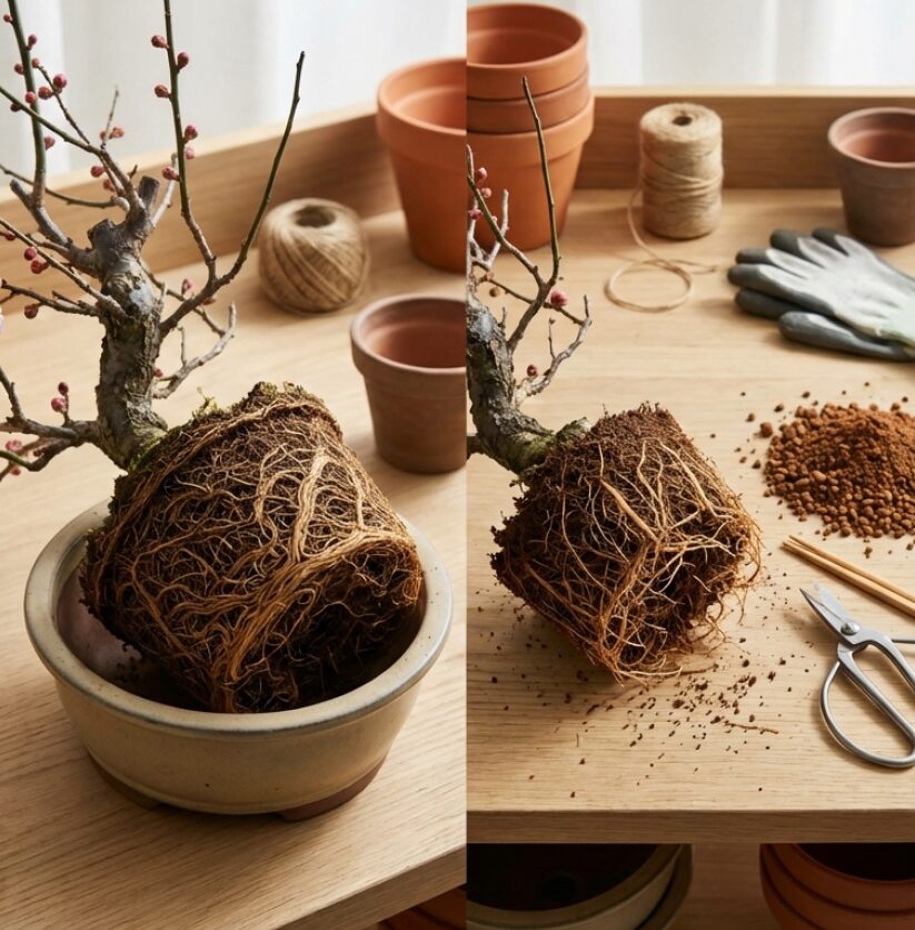 鉢から抜いた根と枝のボリュームを天秤で例え、根を減らした分だけ枝も減らすバランスの重要性を説く図