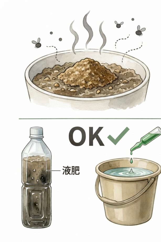 未発酵の油かすによる腐敗や虫のリスクを警告。アンプルは直接刺さず、バケツの水で薄めて液肥として使う方法を解説