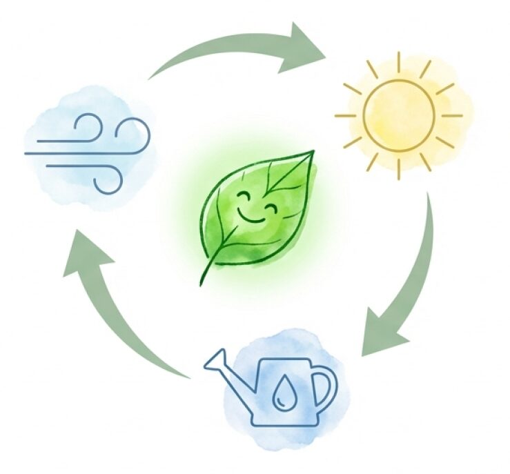 太陽、風、じょうろのアイコンを使い、土の表面が乾いたらたっぷり水を与える「ストレス管理」のサイクル図。