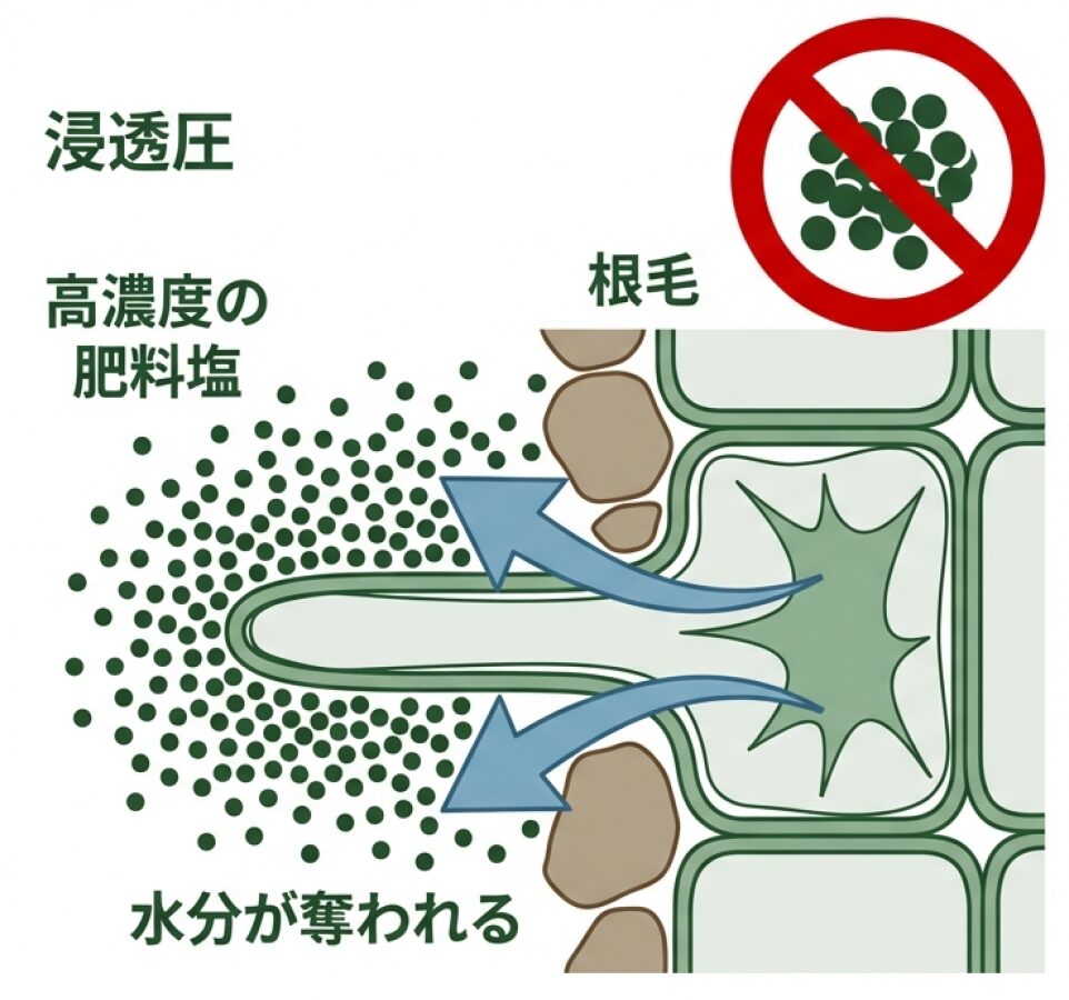 高濃度の肥料塩により、浸透圧で根から水分が奪われる肥料焼けの仕組み図解