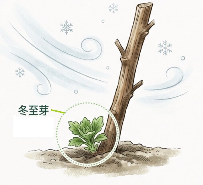 雪が降る屋外で冬至芽を管理する様子。春化のために寒さが必要であることを説明。