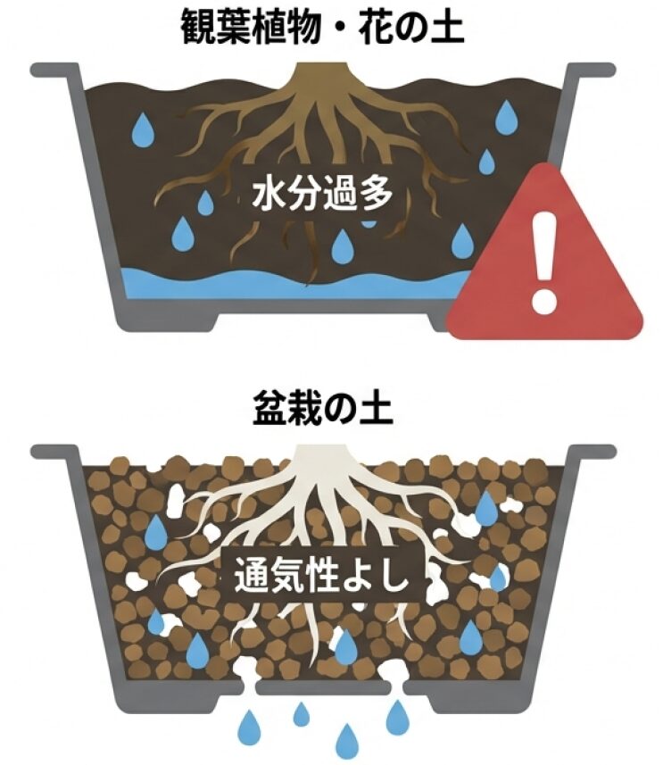 観葉植物用の土(水分過多で根腐れしやすい)と盆栽の土(通気性がよく水が抜ける)の構造を比較したイラスト。