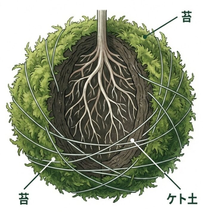 ケト土で根を包み、苔を貼り付けて糸で巻く手順の図解