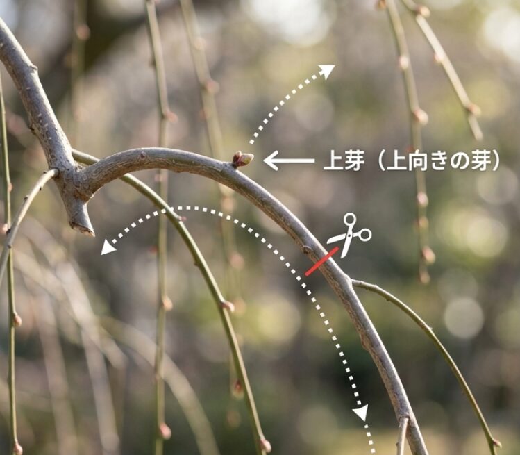 しだれ梅の枝の「上芽」を残して切ることで、一度上に伸びてから垂れ下がる美しい曲線の作り方を示した線画