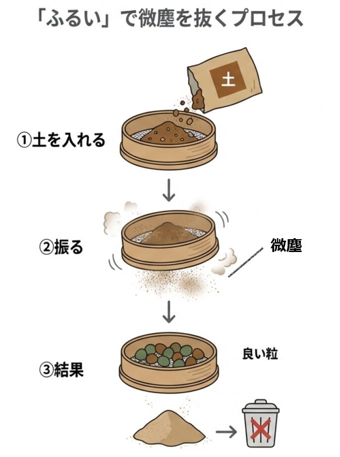 土をふるいに入れ、振ることで、良い粒と捨てるべき微塵(粉)に分けるプロセスを描いたイラスト。