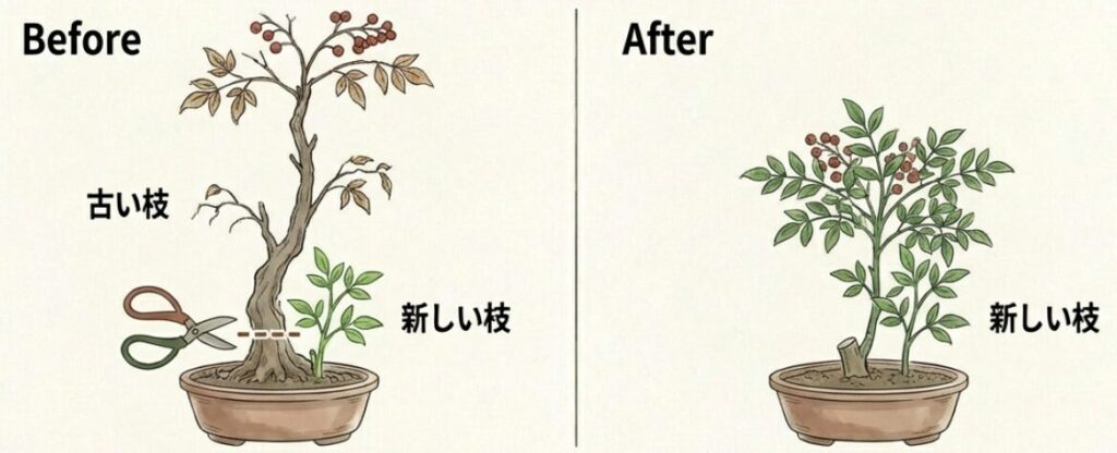 古い枝を切り、新しい枝に更新して樹形を維持する剪定のビフォーアフター図