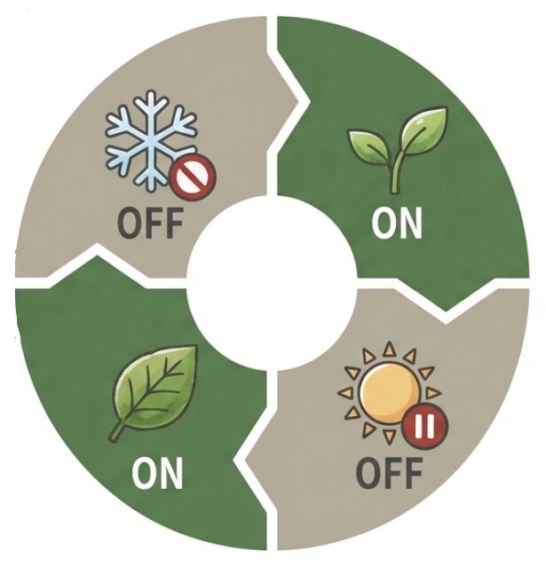 春と秋は肥料を「ON(あげる)」、夏と冬は「OFF(休む)」とする年間スケジュールと各時期の目的をまとめたカレンダー