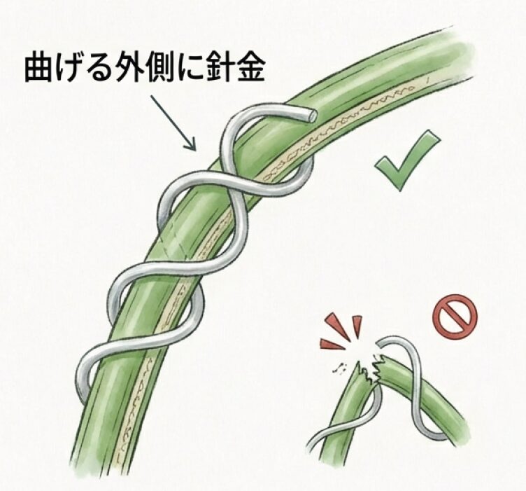 茎を曲げる際、折れを防ぐために外側に針金を添わせる様子を解説した図。