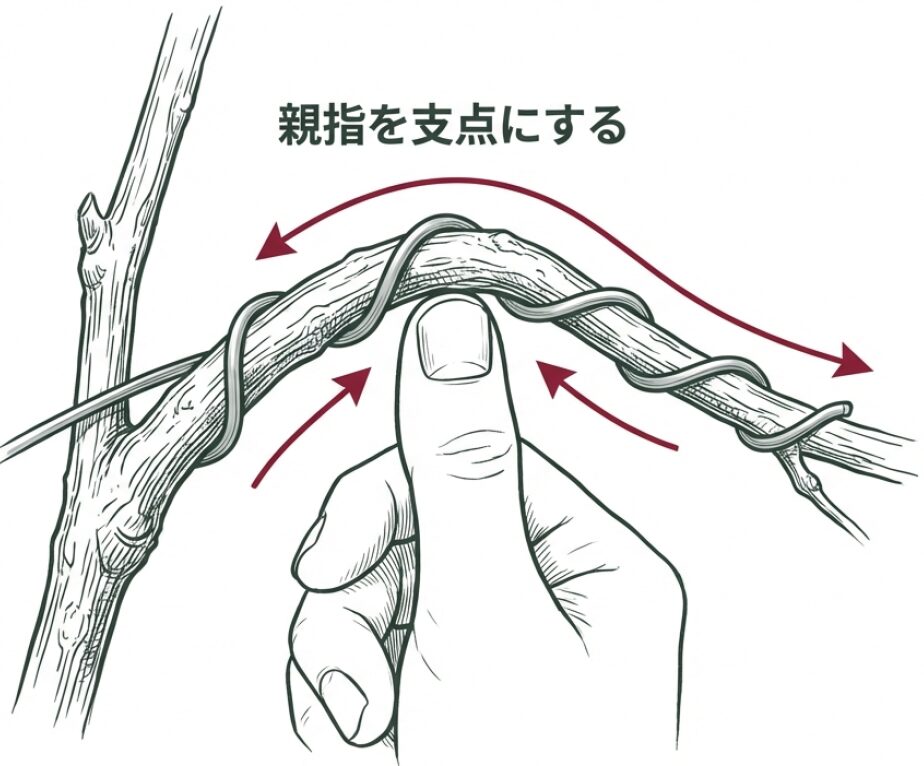 アルミ線を45度の角度で巻いて枝に曲をつける手順と注意点
