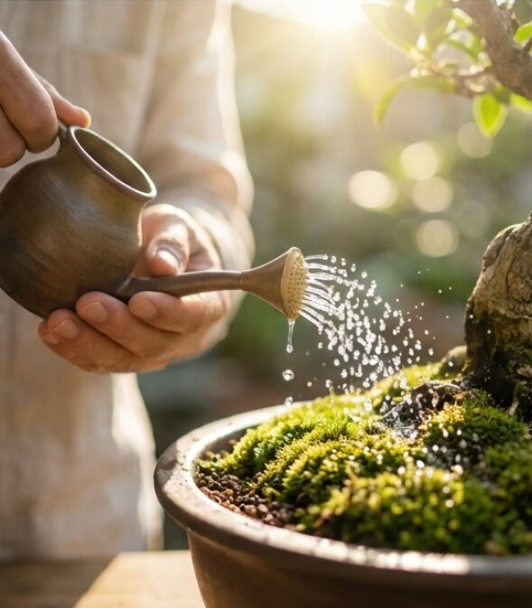 盆栽に水を与える様子のイメージ画像