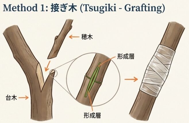 台木と穂木の形成層を合わせる接ぎ木の方法と、環状剥皮による取り木の手順を示すイラスト