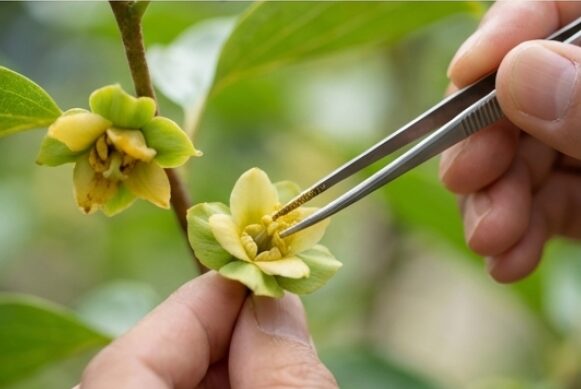 ピンセットを使った人工授粉の様子