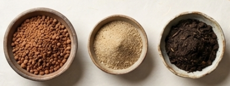 赤玉土、砂、腐葉土の配合写真と、2月下旬から3月上旬の植え替え適期についての解説