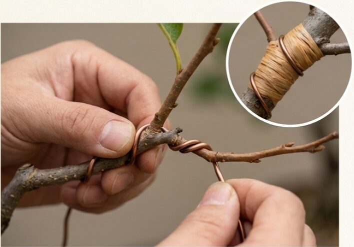 針金掛けの様子と、ラフィアで保護して枝折れを防ぐ工夫を紹介する画像