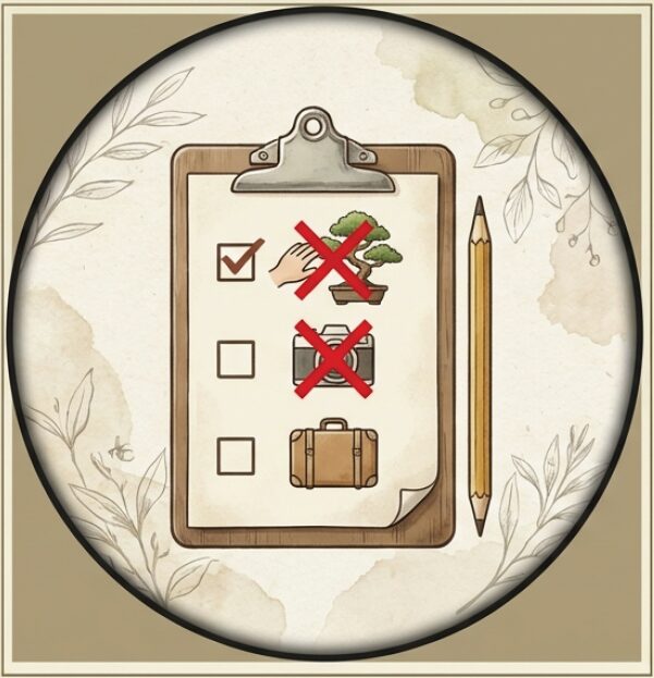 接触禁止、撮影ルール厳守、大きな荷物の持ち込み注意など、盆栽を鑑賞する際のマナーをイラスト付きのチェックリストで表現。