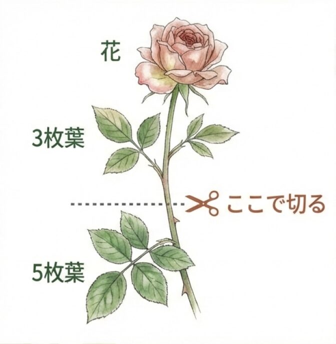 咲き終わった花から2〜3節下の「5枚葉」の上でカットする位置を示したイラスト。